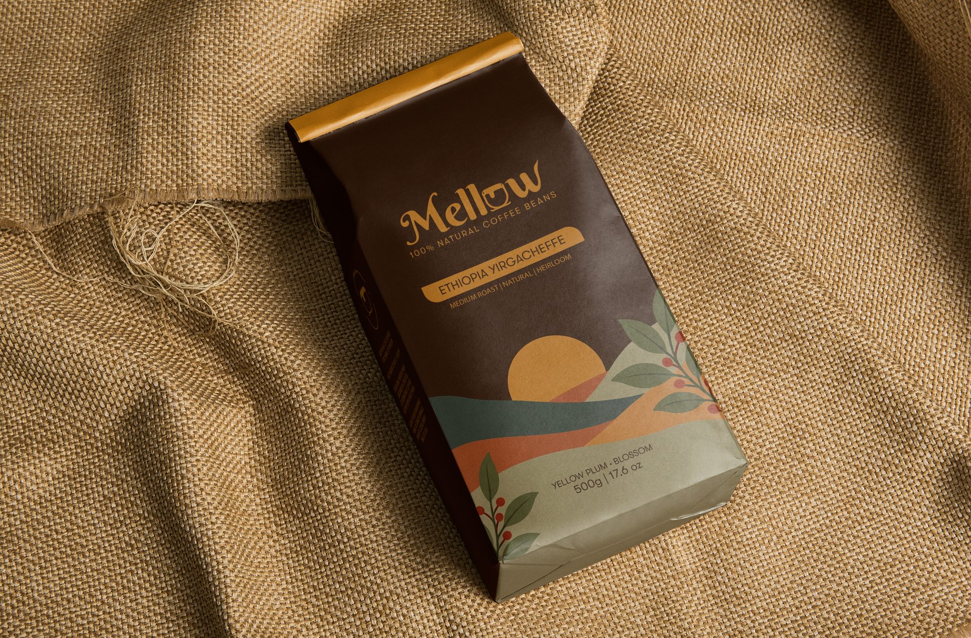 Mellow Ethiopia Yirgacheffe Single-Origin Specialty Coffee Packaging on Burlap